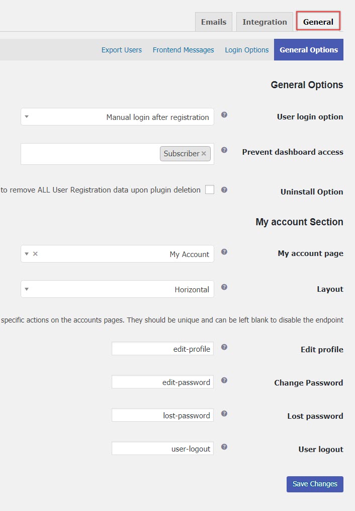 تب عمومی از تنظیمات افزونه User Registration