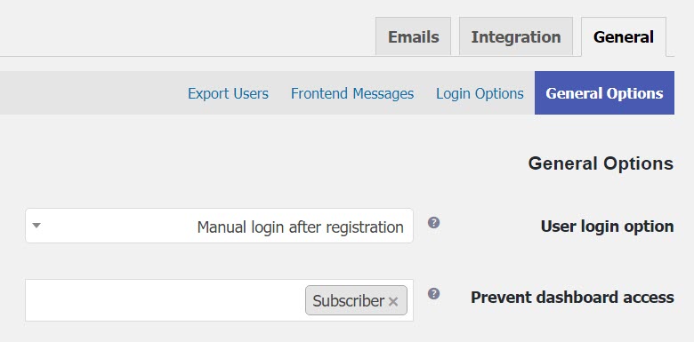صفحه تنظیمات افزونه User Registration