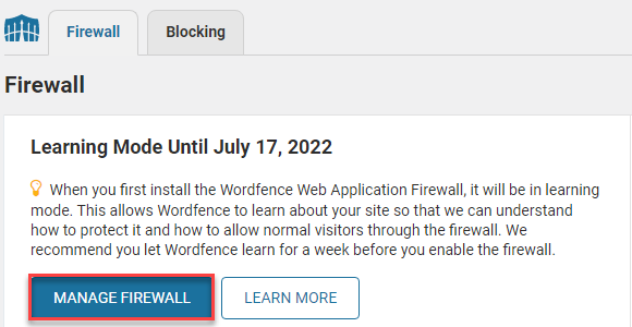 دکمه مدیریت فایروال در افزونه Wordfence Security